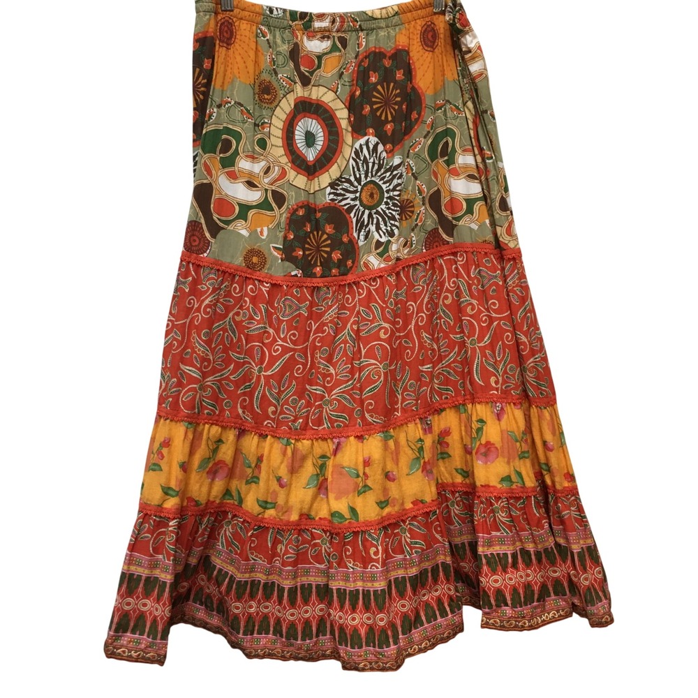 Tiered Boho Maxi Skirt Women's Large Orange 100% Cotton Floral Cottagecore Boho